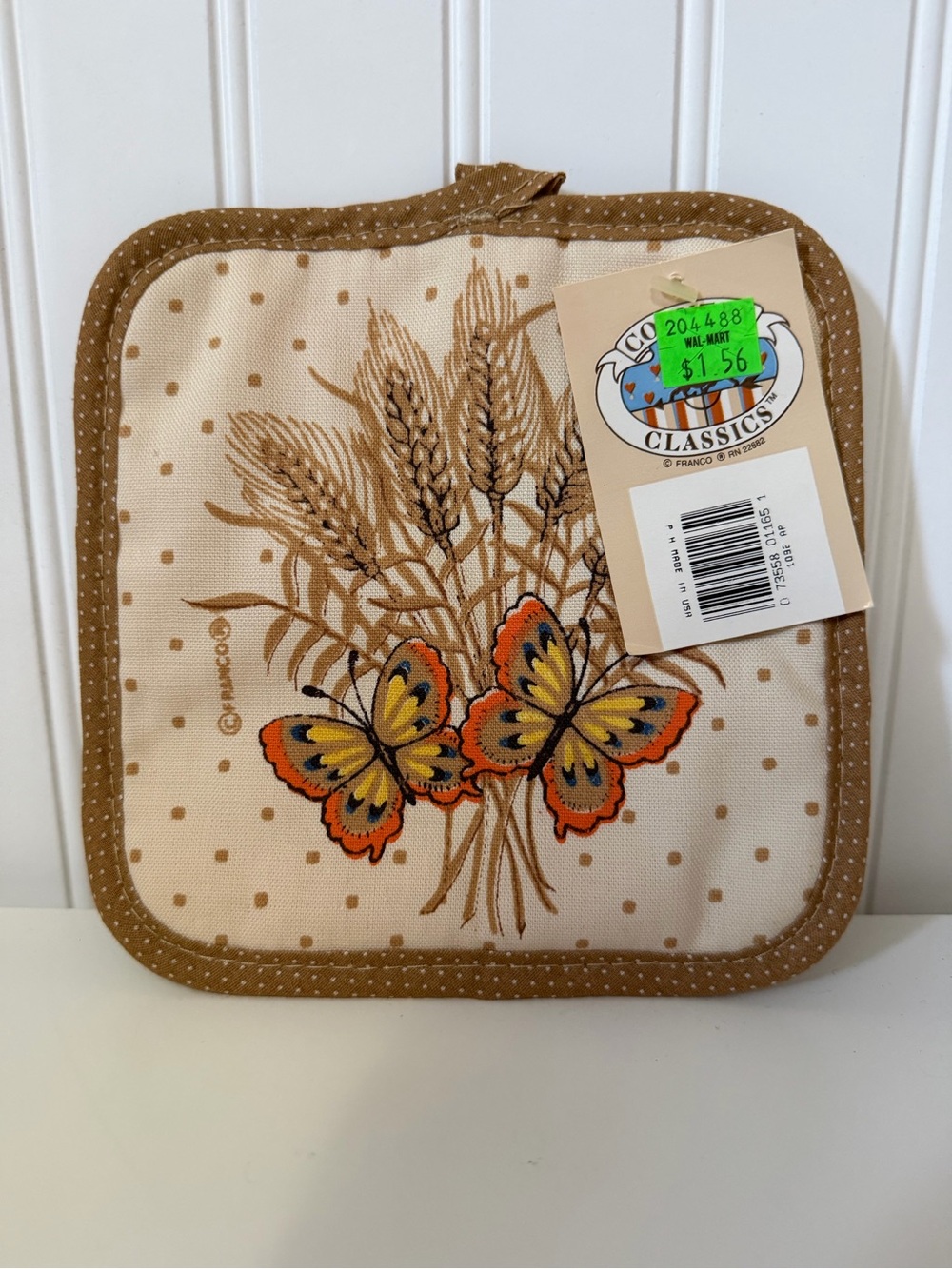 VTG NWT Franco Country Classics Quilted Pot Holder | Cottagecore Butterfly Wheat